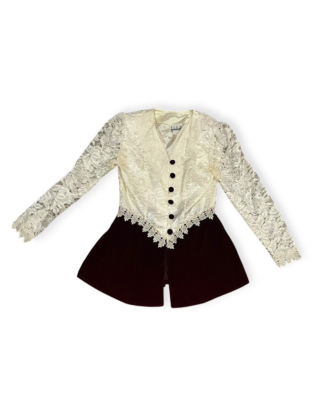 Vintage 80s 90s Ella Fashion Sz M Burgundy Velvet Ivory Lace Dress USA Made